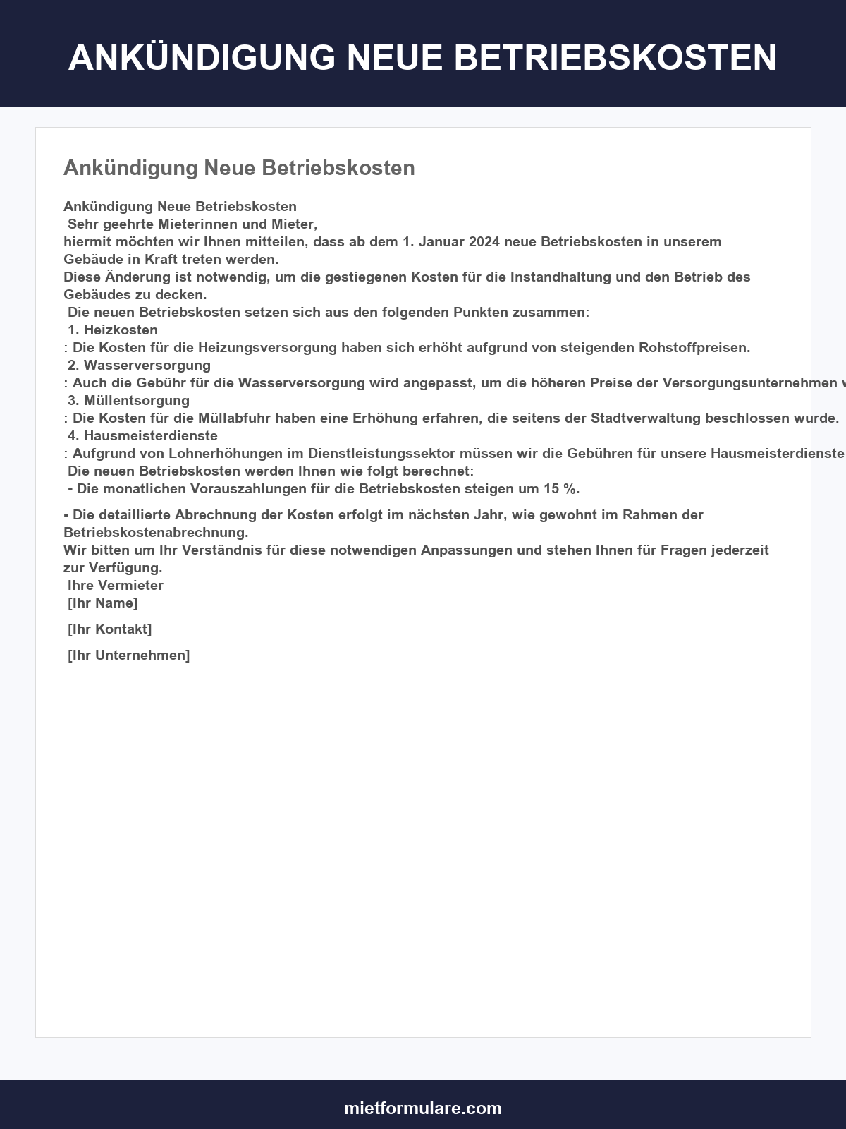 Musterschreiben Ankündigung Neue Betriebskosten
