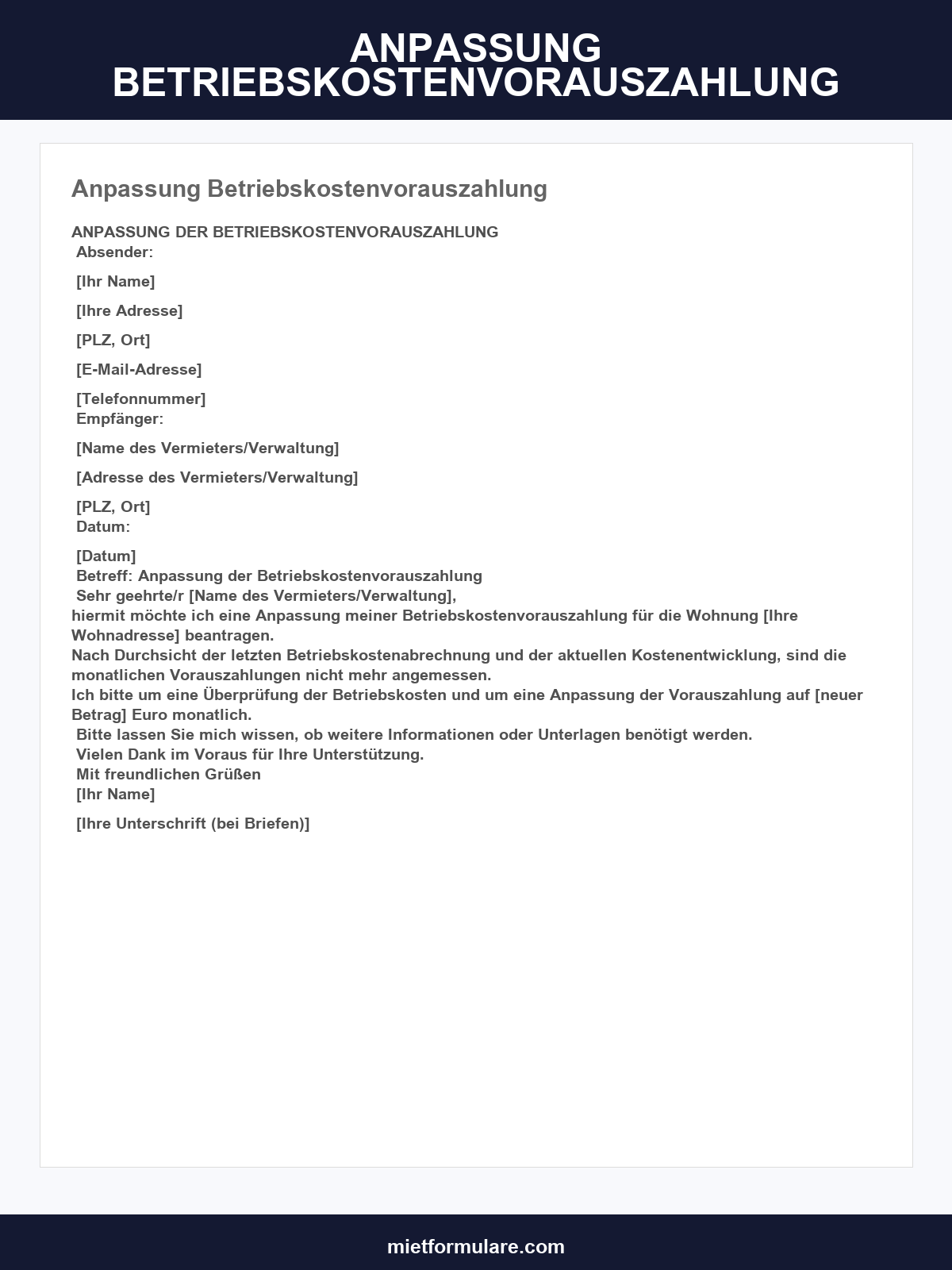 Anpassung Betriebskostenvorauszahlung Muster