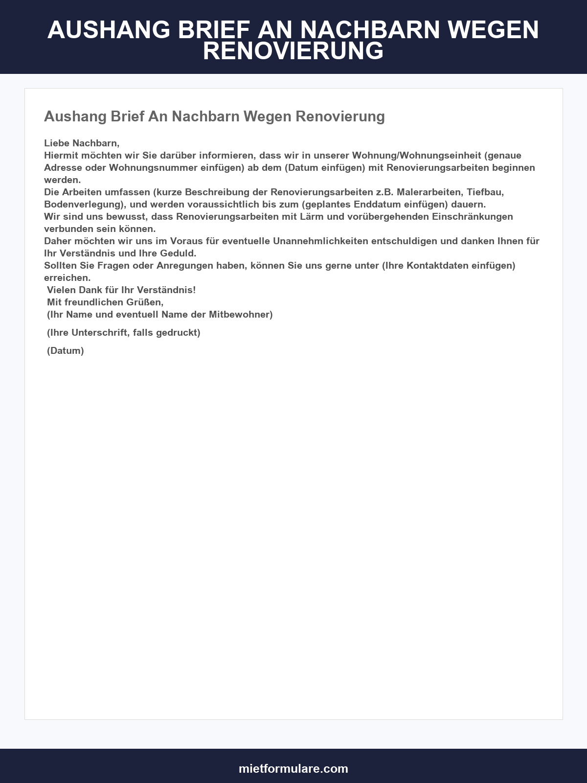 Aushang Brief An Nachbarn Wegen Renovierung Vorlage
