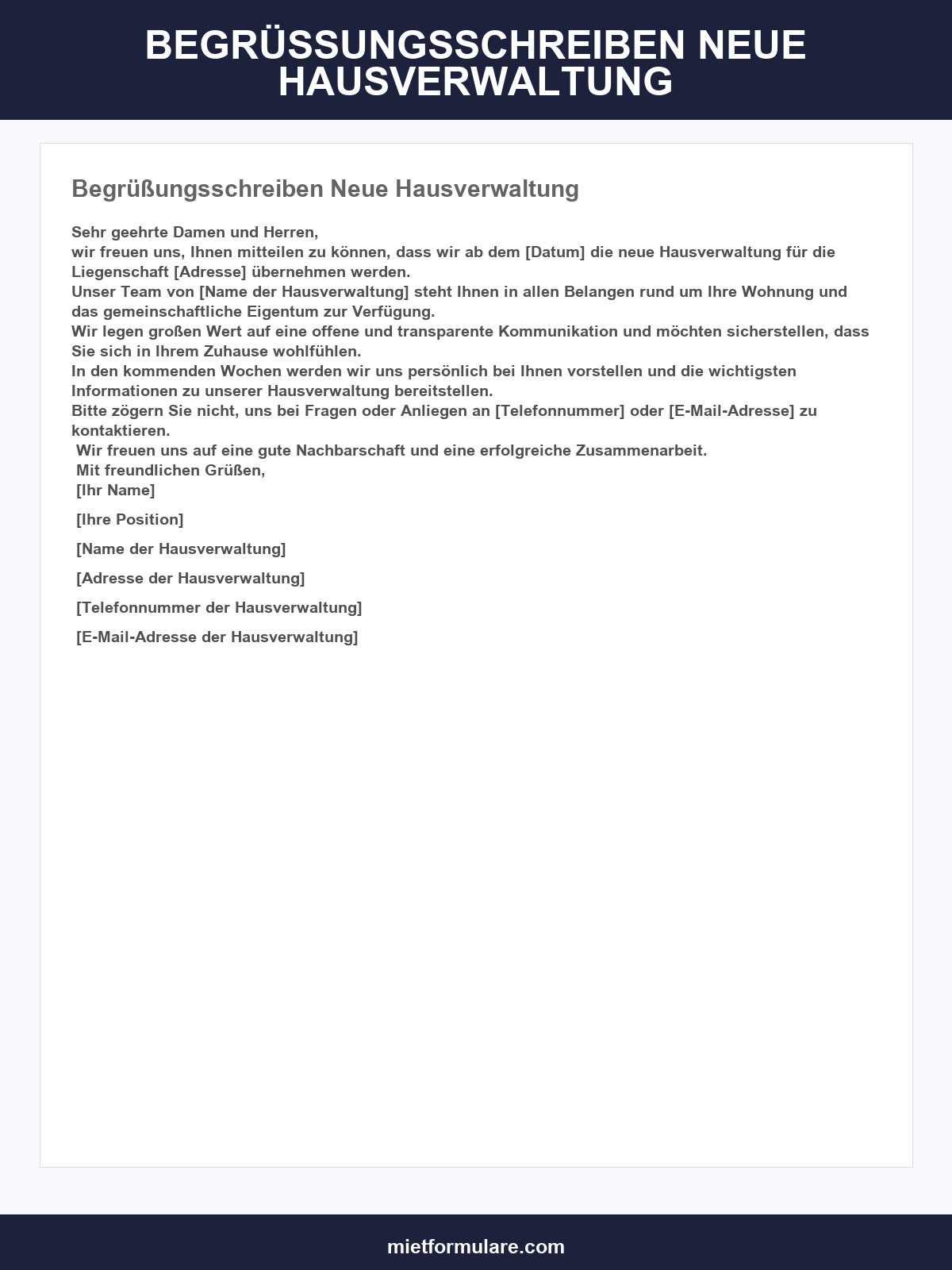 Begrüßungsschreiben Neue Hausverwaltung Muster