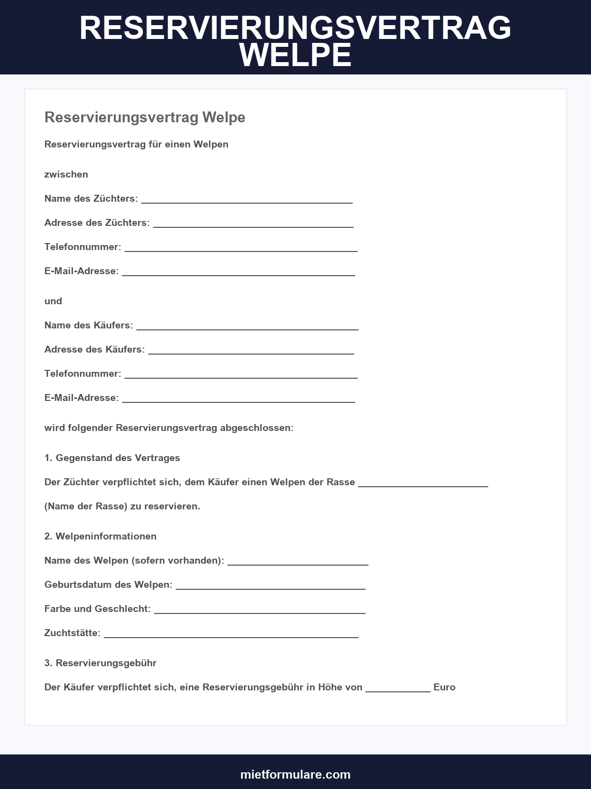 Reservierungsvertrag Welpe