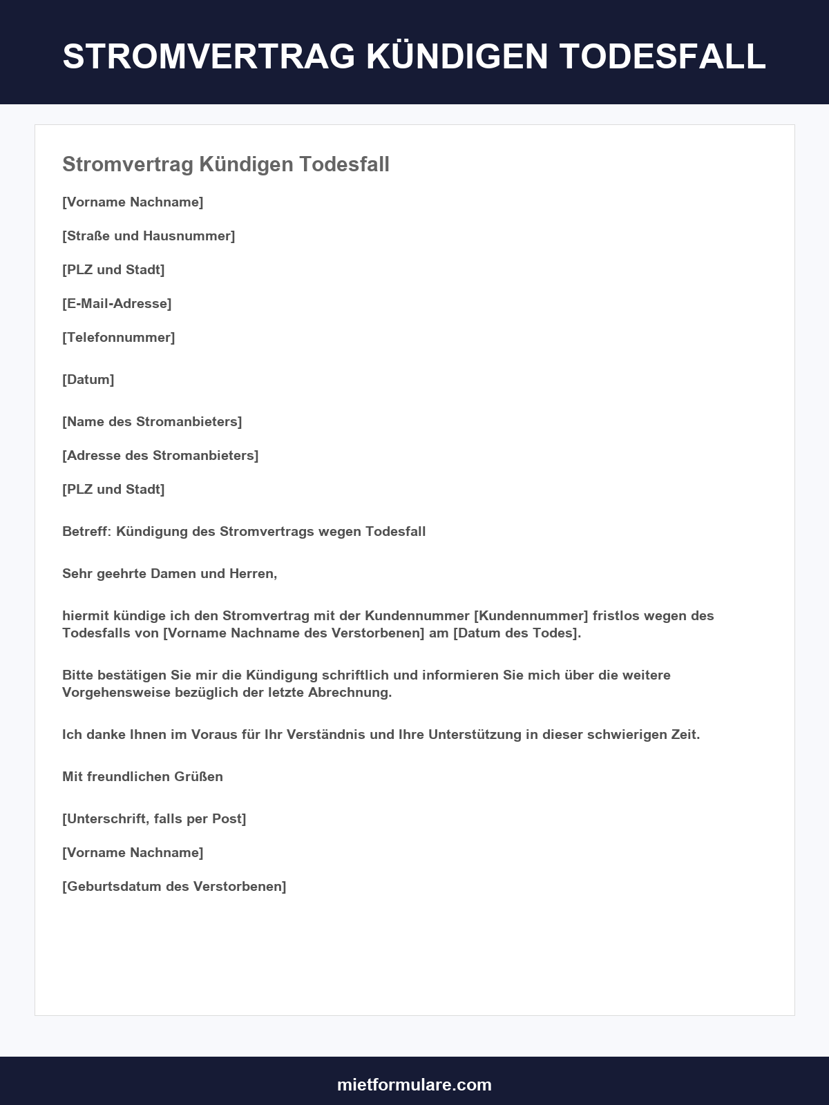 Stromvertrag Kündigen Todesfall Vorlage
