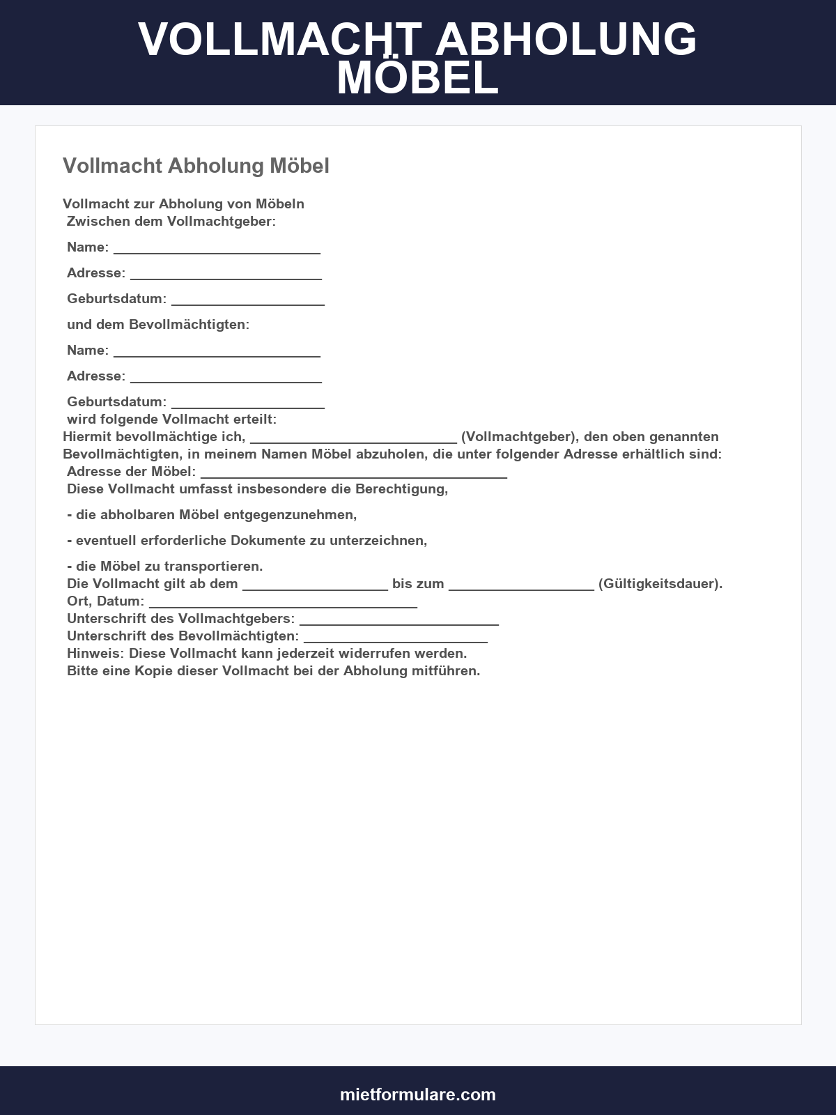 Vollmacht Abholung Möbel