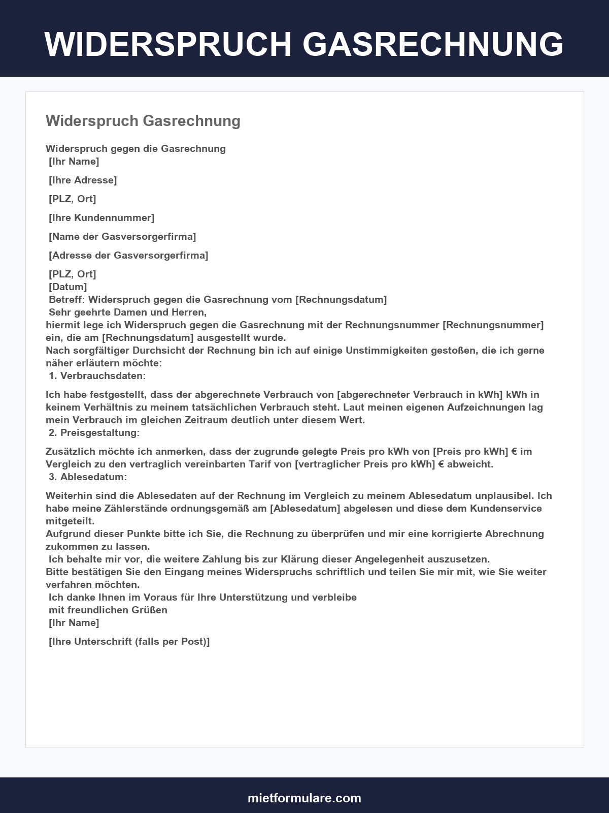 Widerspruch Gasrechnung Vorlage