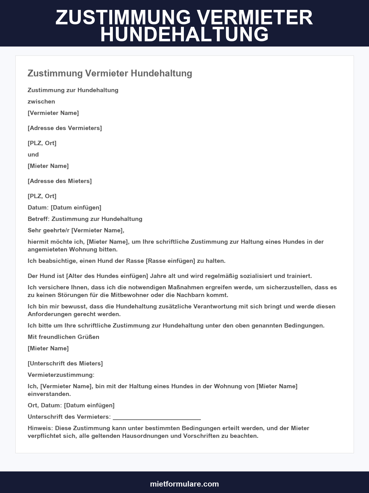 Zustimmung Vermieter Hundehaltung Vorlage